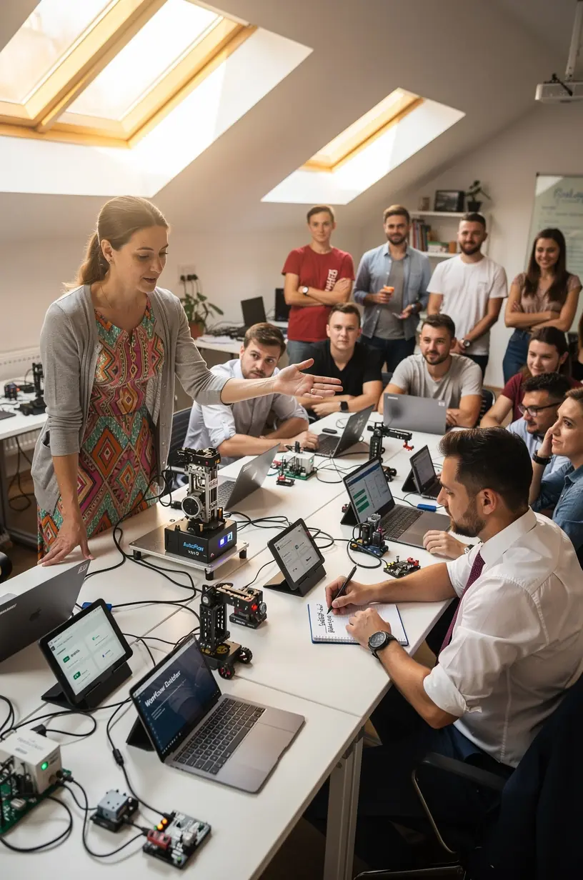 Imagine conceptuală cu roboți software care elimină sarcini repetitive pentru a îmbunătăți eficiența operațională.